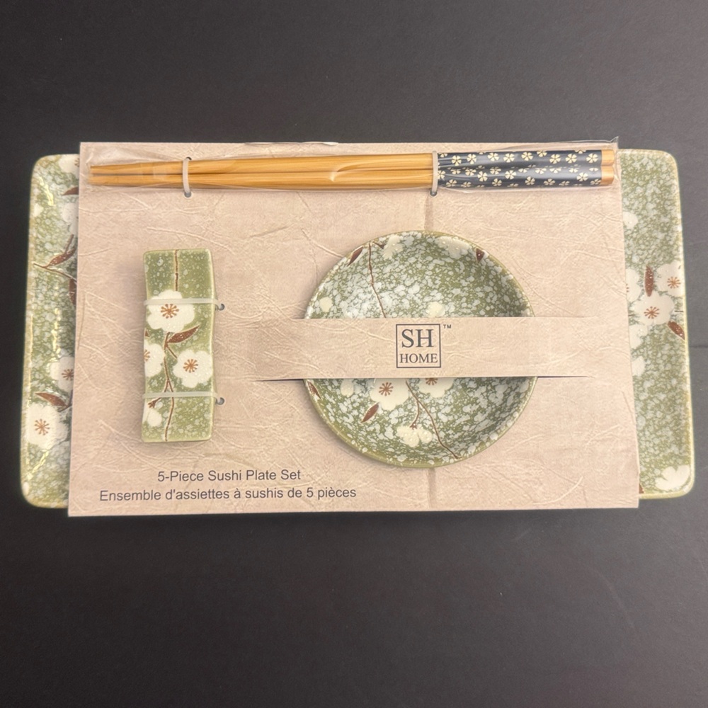 SH Home 5-Piece Green Floral Sushi Plate Set
